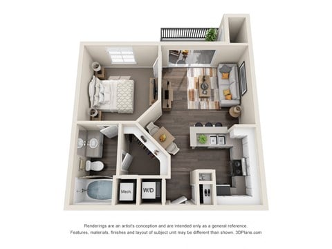 Floor plan for 1 bed, 1 bath, 636 sqft